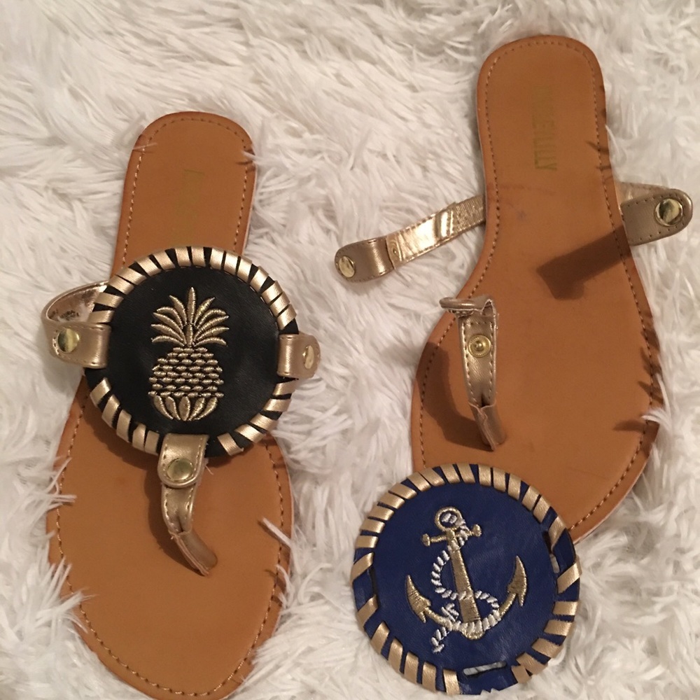 Gold-Trimmed Tan Sandals with Pineapple & Anchor Medallions
